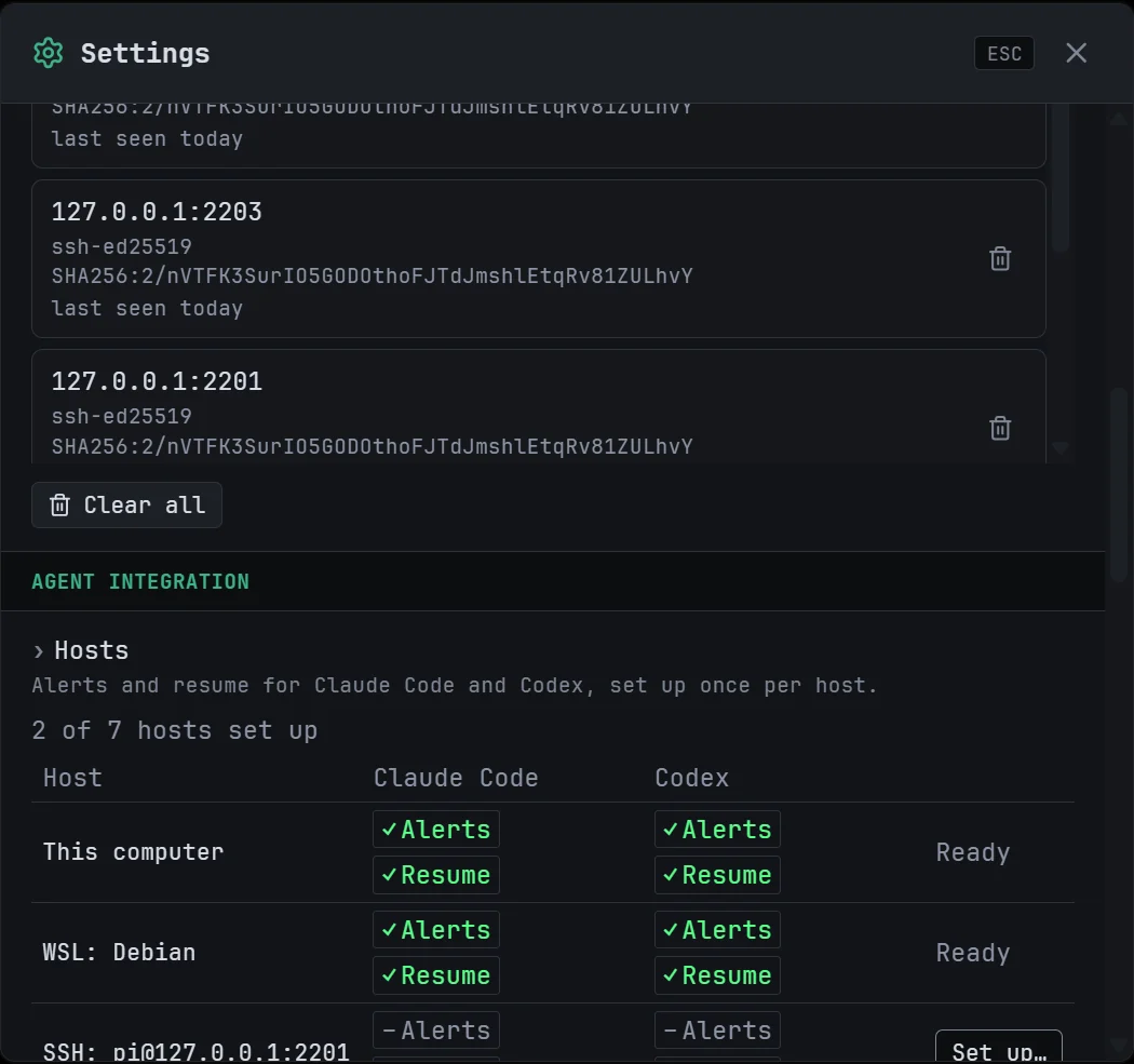 Settings, Session, Agent integration: one row per host with Claude Code and Codex alerts and resume