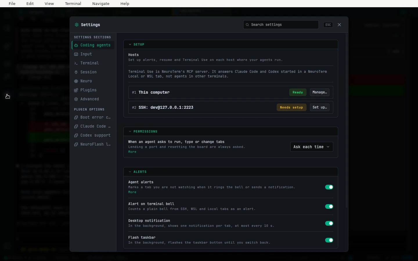 Settings, Coding agents, Setup: the Hosts list, with This computer ready and an SSH host offering Set up…