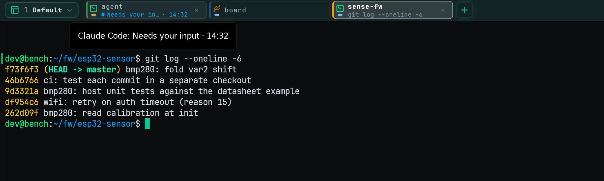 While you work in another tab, the agent's tab says it needs your input; hover it for the full message.