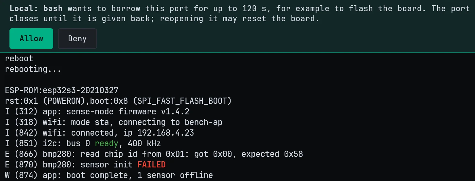 NeuroTerm asks in the serial tab before the agent borrows the port to flash; nothing happens until you click Allow. The board is simulated in the demo.