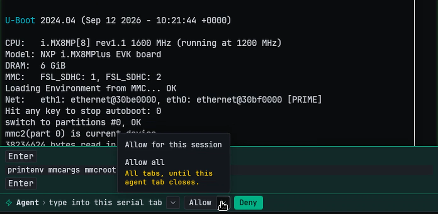 NeuroTerm asks on the serial tab before the agent types into the port or resets the board: Allow, or the arrow for this session or every tab. The board is simulated in the demo.