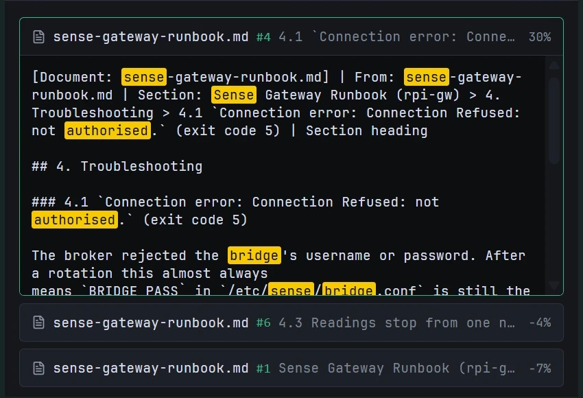 Neuro's sources: the runbook section 4.1 it used, with the matching words highlighted