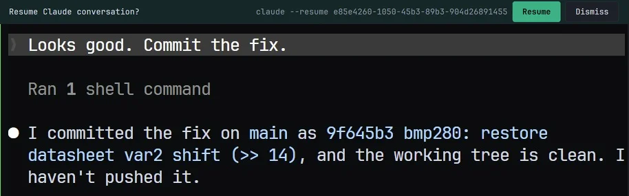 After a relaunch the tab offers to resume the same Claude Code conversation (shown with automatic resume off; by default it resumes on its own).
