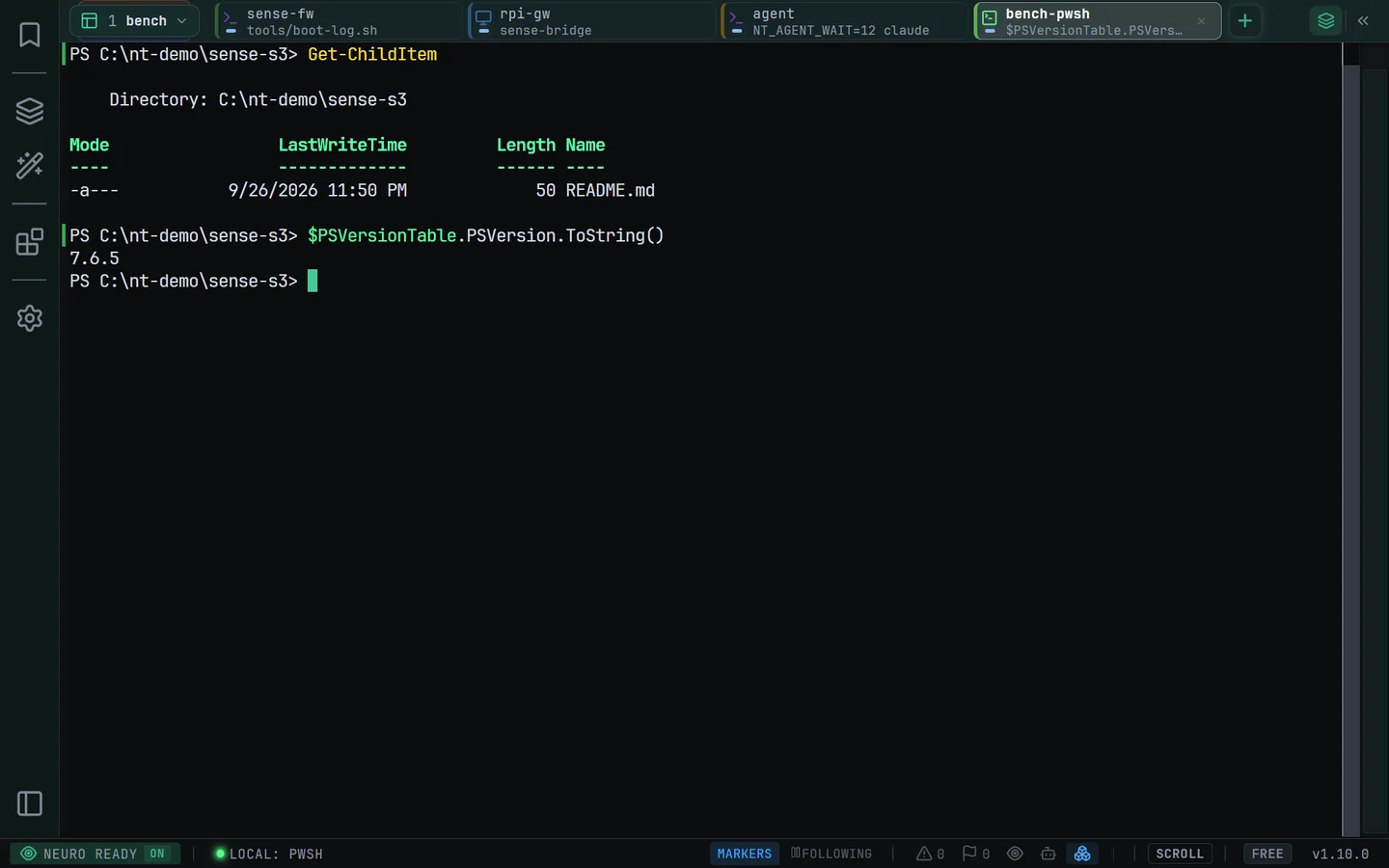 A Local PowerShell tab next to WSL and SSH tabs in one workspace.