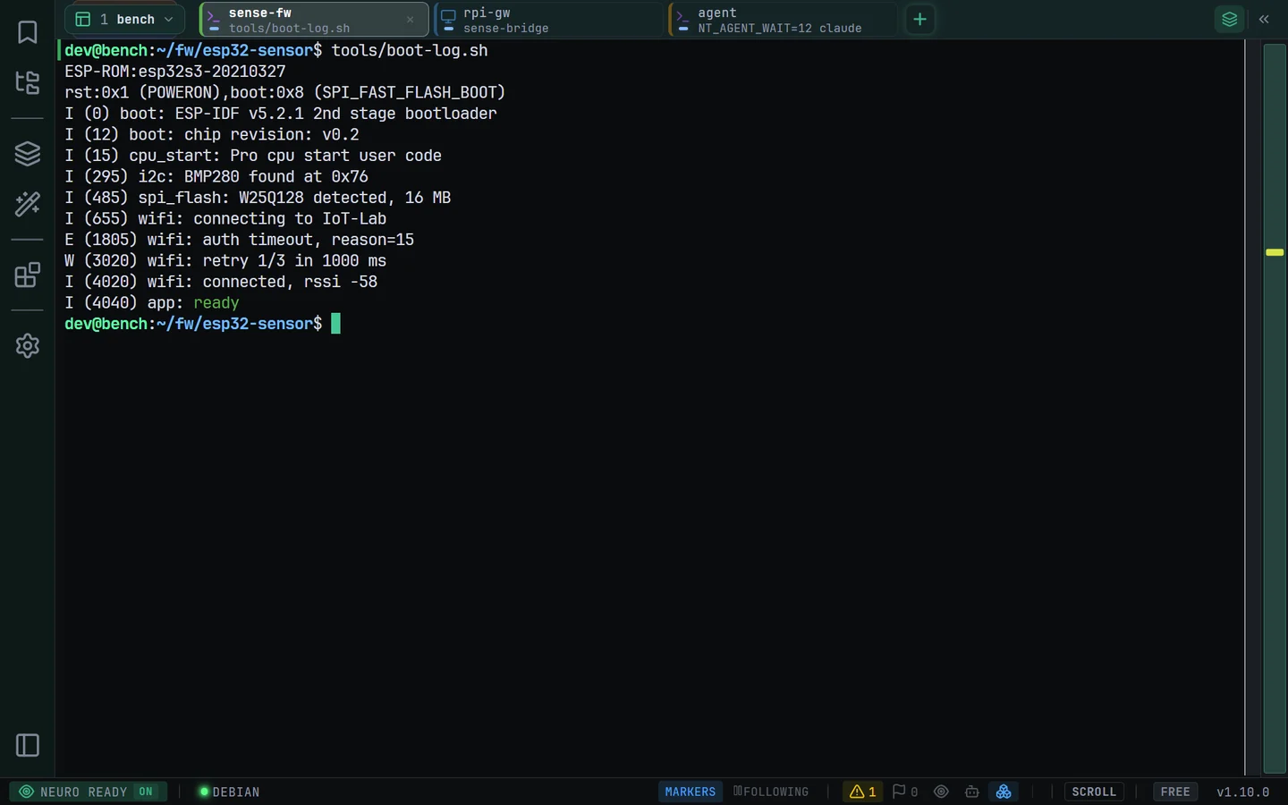 A boot log with the error counted in the status bar and pinned on the minimap