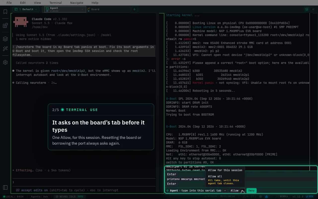 Claude Code sends a U-Boot sequence to the board after one Allow on the serial tab, then checks the boot over SSH. The board is simulated.