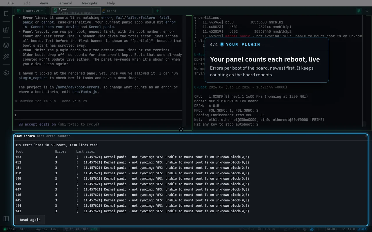 One line to Claude Code; it builds a panel that counts error lines per boot, you allow it, and the count rises as the board reboots.